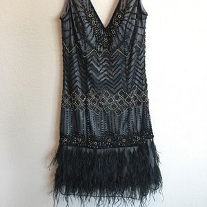 Sue Wong black/gray beaded feather dress 4